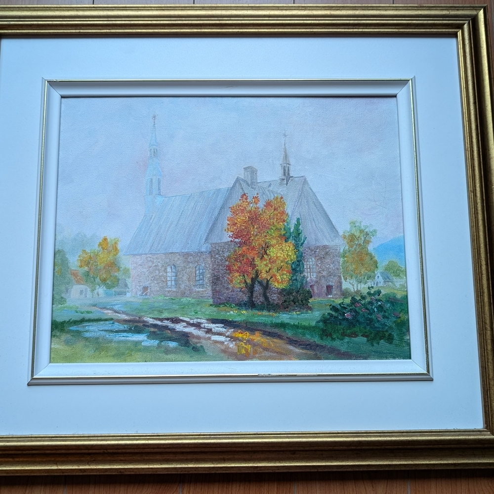 Framed Autumn Church Landscape Painting